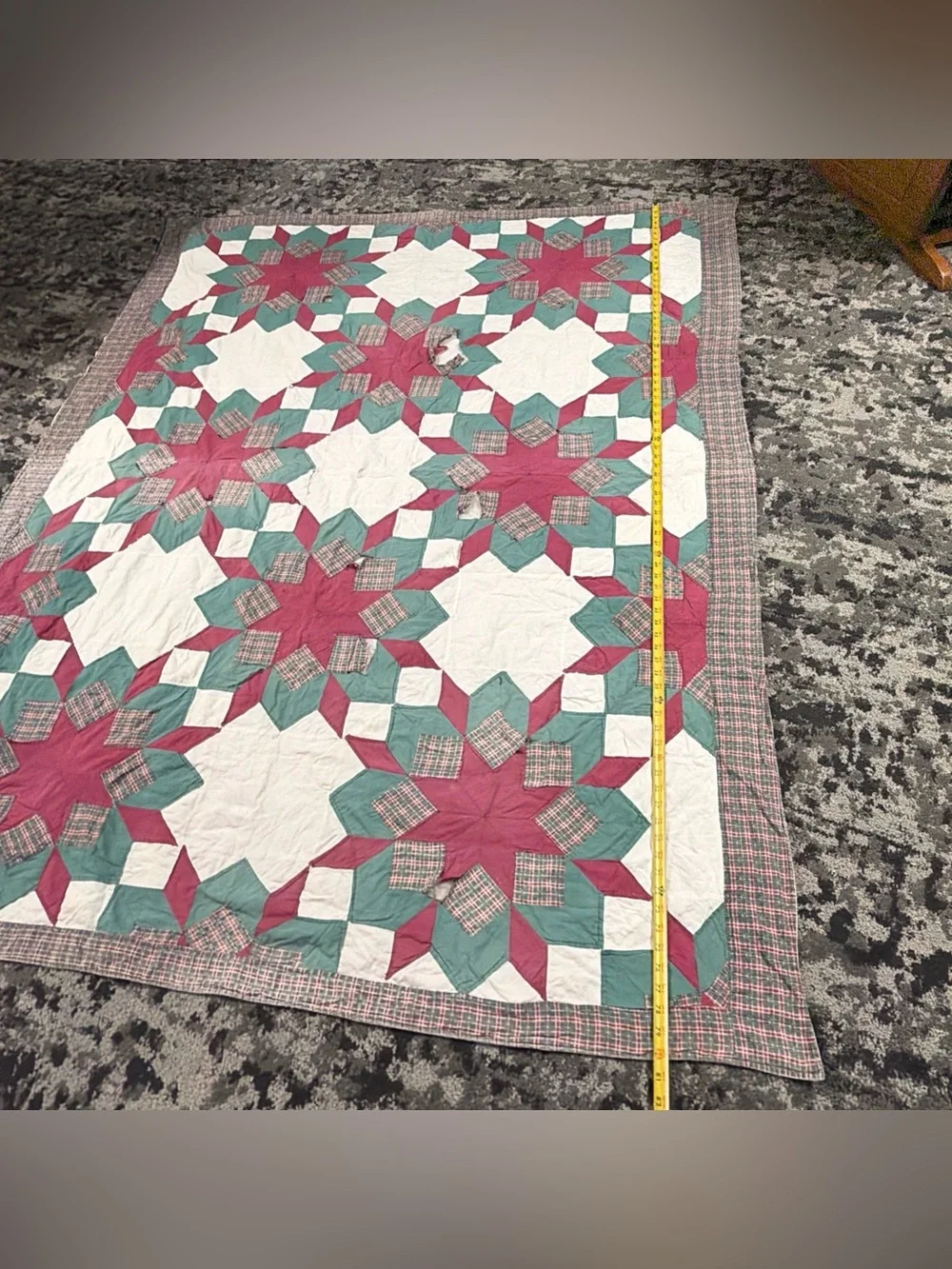 VTG Antique Very Old Quilt Blanket Patchwork 8 Pointed Stars 3D Hand Sewn 80x64”